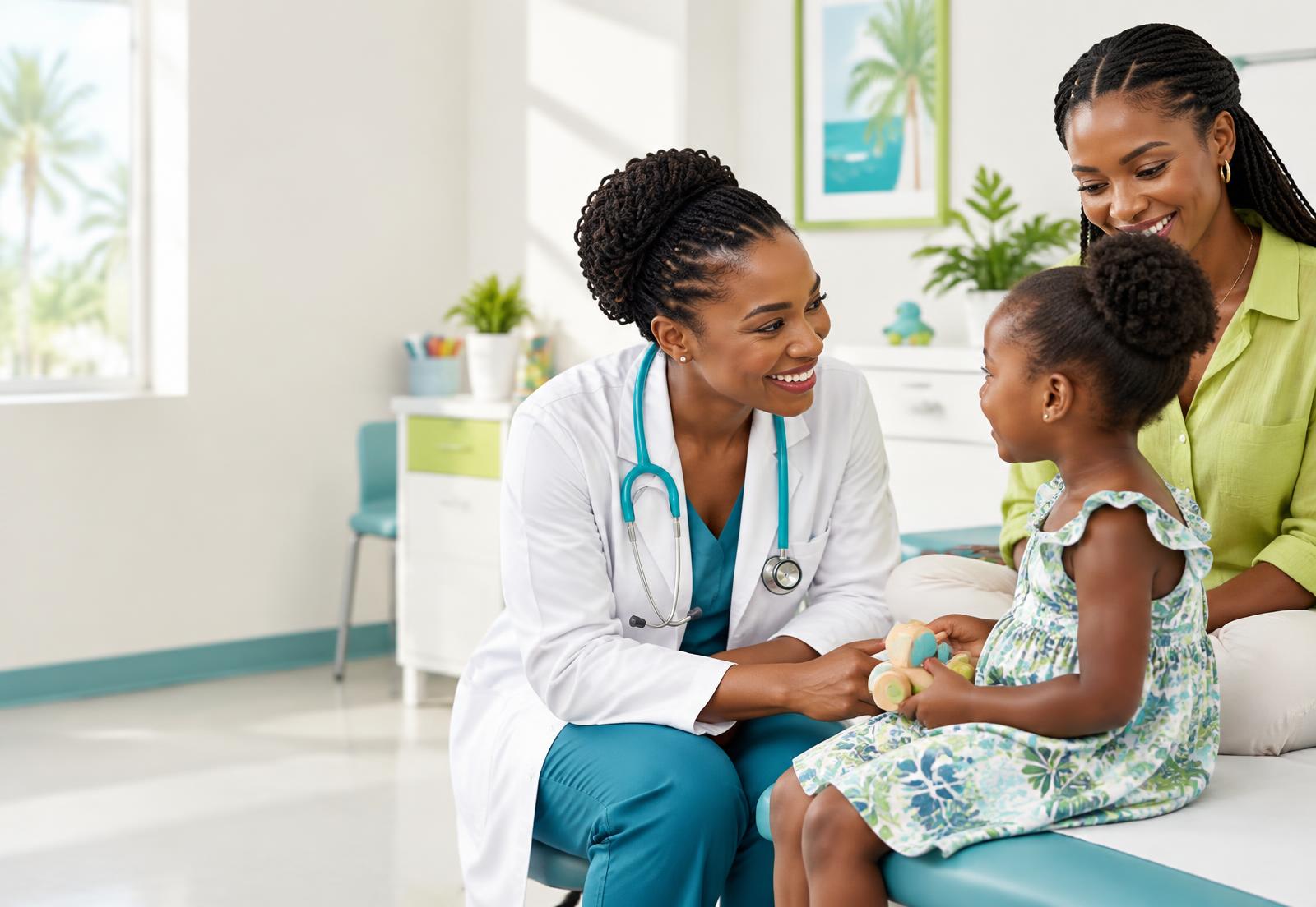 Une pédiatre échange avec une enfant et sa mère